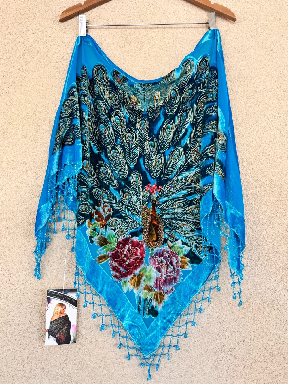 VTG Kirk’s Folly triangle burnout velvet shawl | beautiful beaded peacock 🦚